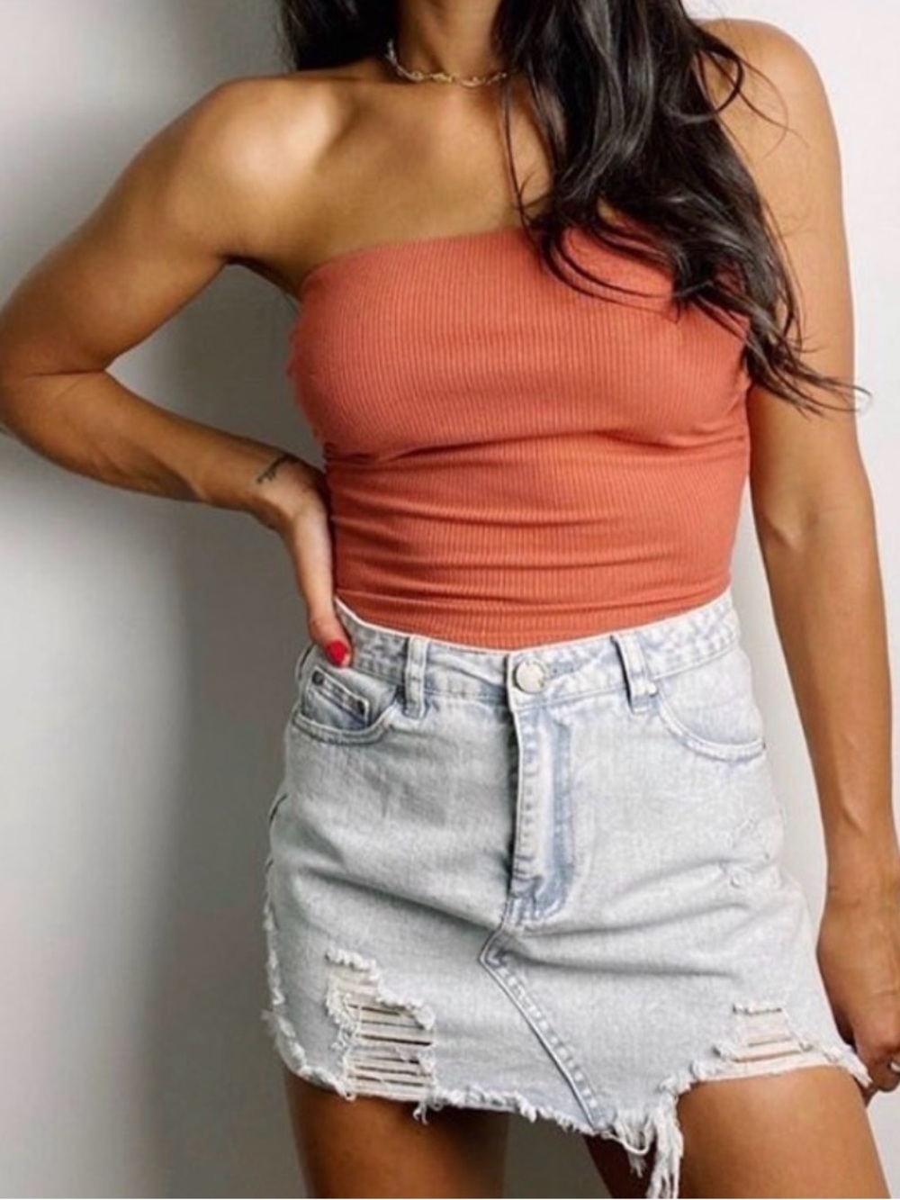 Heart Hips One-Shoulder Ribbed Crop Top in Rust